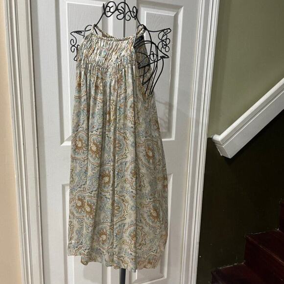 ZARA MINI DRESS TUNIC 100% SILK SMOCKED NECK HALTED PAISLEY ICONIC CHIC SZ M - Picture 13 of 16